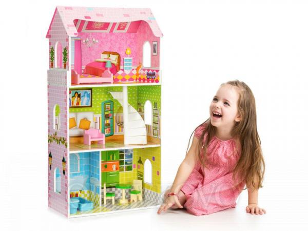Vysoký drevený domček pre bábiky + nábytok ECOTOYS