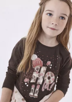 Dievčenské hnedé dlhorukávové tričko s potlačou