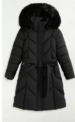 Predĺžená dievčenská zimná bunda s opaskom