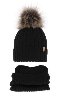 Zimná čiapka MERINO s huňatým brmbolcom a nákrčníkom