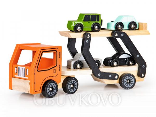 ECOTOYS Drevené nákladné auto odťahové vozidlo +  4 autá